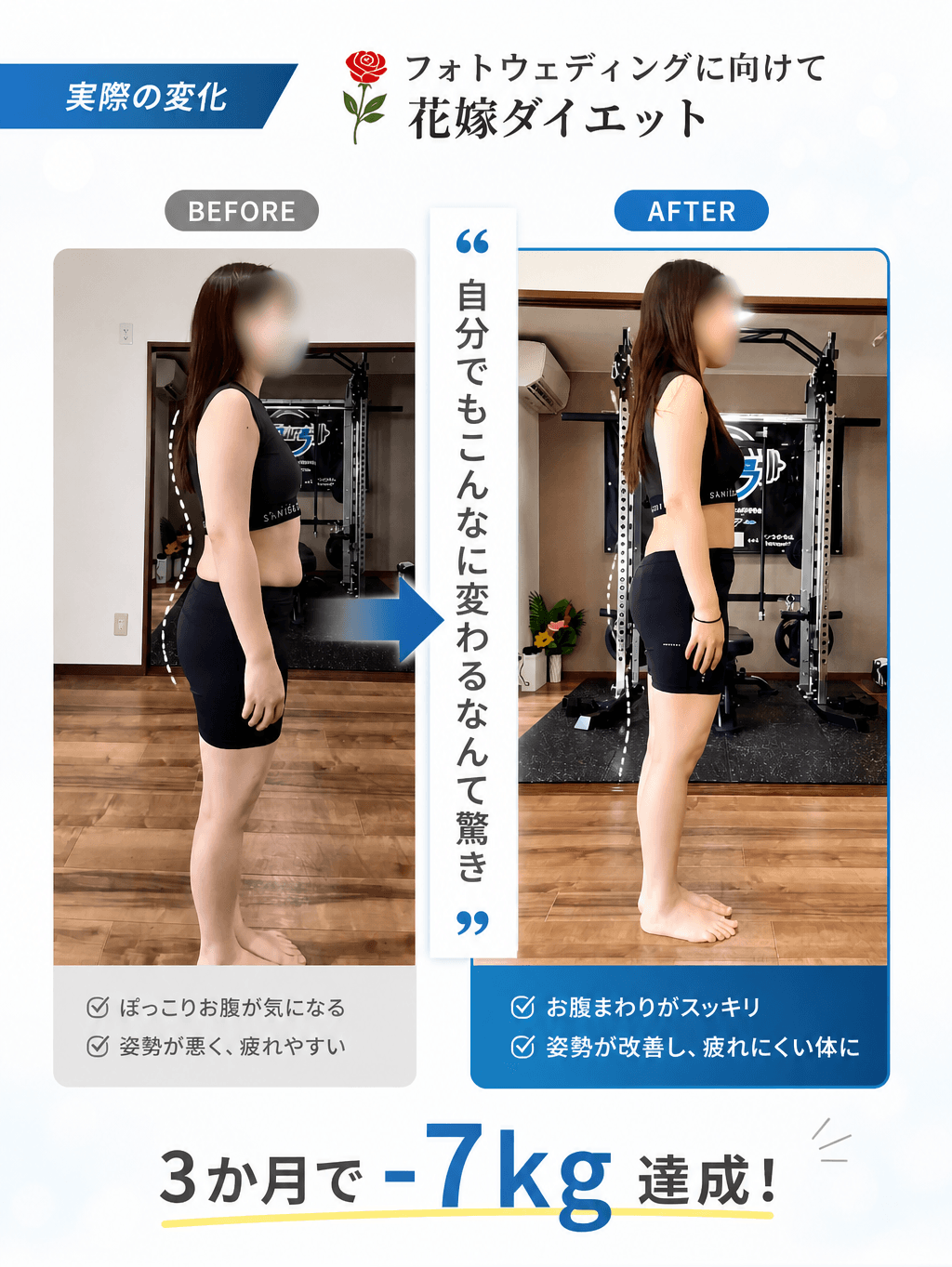 鈴鹿パーソナルジムsure ウェディングボディメイク ビフォーアフター -7kg